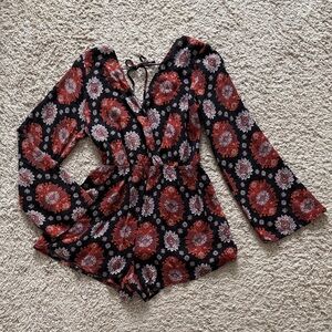 36. | Audrey 3+1 | Black Red Floral Print | Long-Sleeve Romper